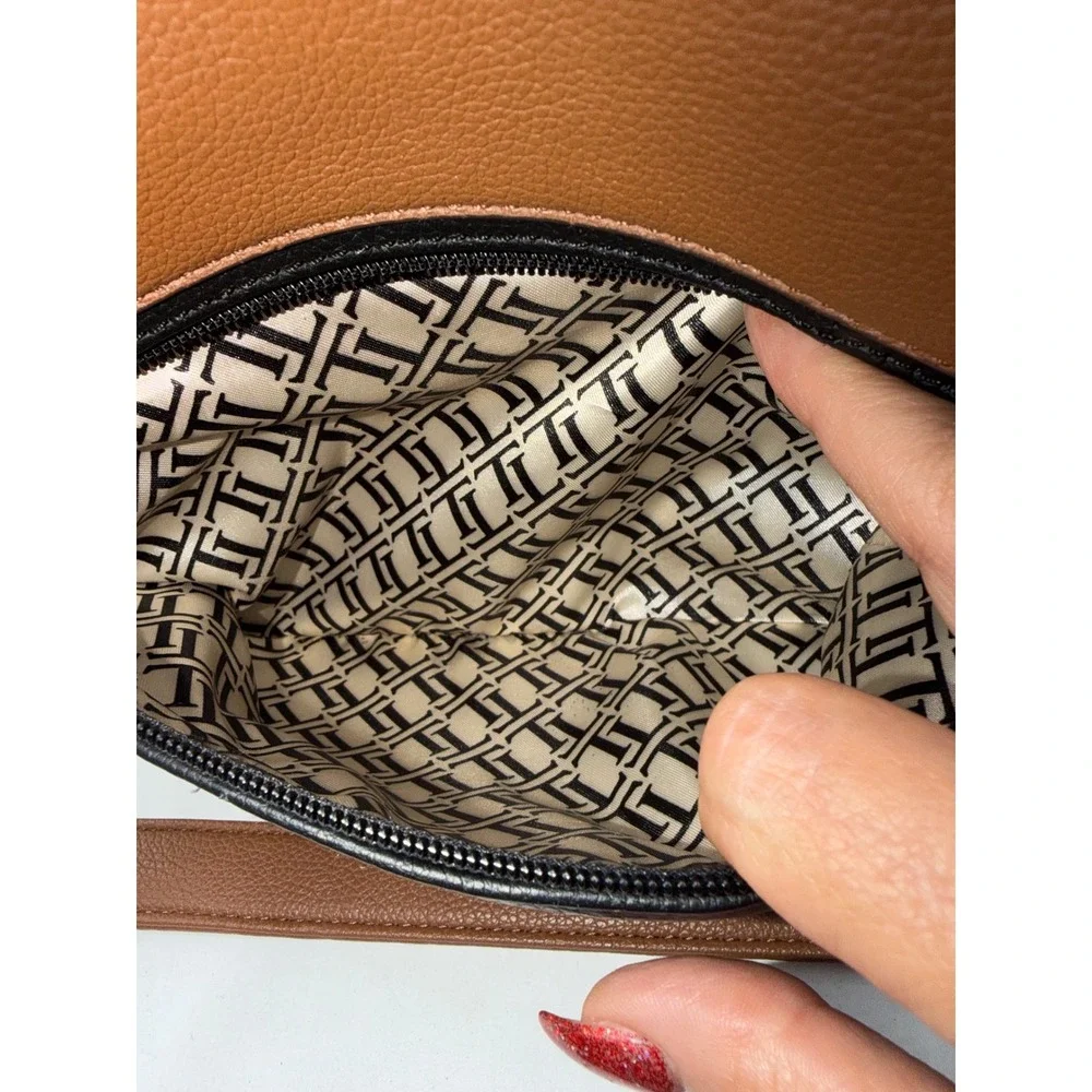 Tignanello Leather Satchel Handbag Brown Black Two Tone Pebbled Zip Top Bag